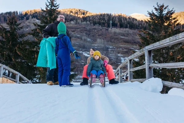 Father Talking One Child Other Two Daughters Snow Slope Wooden — Stock fotografie