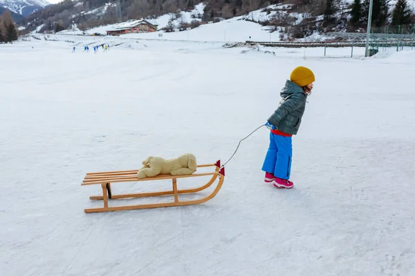 小孩穿着五颜六色的冬衣 拖着装有玩具狗的木制雪橇在雪地上滑行 — 图库照片
