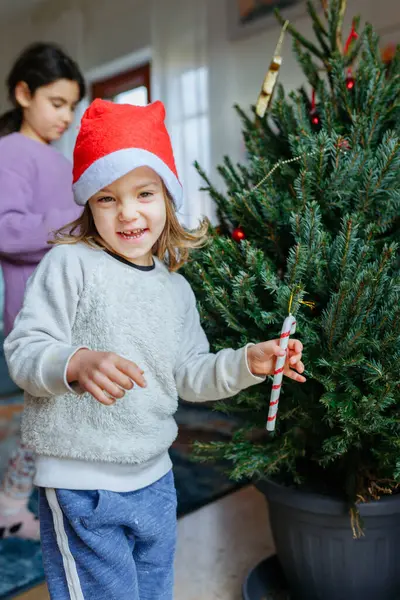 Duas Crianças Santa Hat Decorando Árvore Natal Sua Casa Durante — Fotografia de Stock