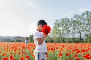 Bir çocuğun haşhaş tarlasının ortasında dikilip elinde haşhaş buketi tutarken görüntüsü.