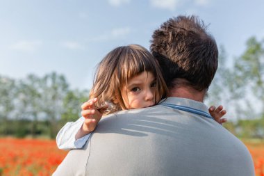 Büyük gelincik tarlasının ortasında yürüyen küçük kızı tutan bir baba.