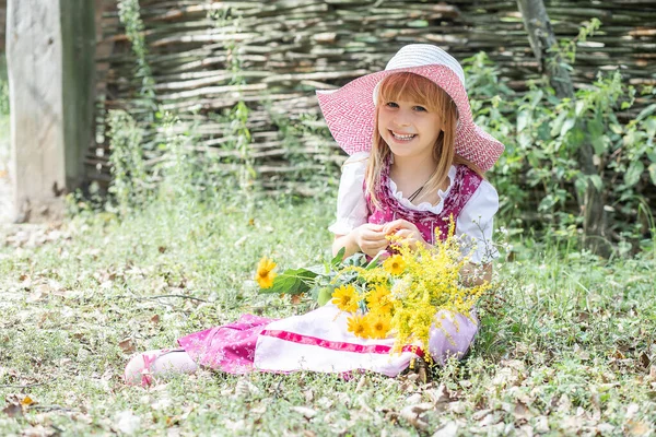 Beautiful Little Happy Girl Dress Bouquet Yellow Flowers Nature Village — Stock Photo, Image