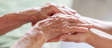 Eller yakın çekim. Yaşlı bir kadının elleri ve küçük bir çocuğun elleri birbirine dokunur. Nazikçe dokun. Yaşlı neslin bakımı. El sıkışarak sevginin ifadesi.