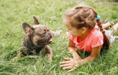 Parkta çimlerin üzerinde sevimli bir köpek buldoguyla oynayan mutlu küçük kız. İyi eğlenceler, hayvanlarla ilgilenin. Bir evcil hayvan ve bir kız birlikte oynuyorlar. Okul tatili.