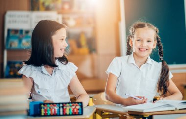 İki liseli kız sınıfta bir masada oturup birbirleriyle iletişim kuruyorlar. Sınıftaki kızlar dersin konusunu tartışıyor. Okuldaki çocuklar. Okula dönüyorum. Okuldaki birinci sınıflar..