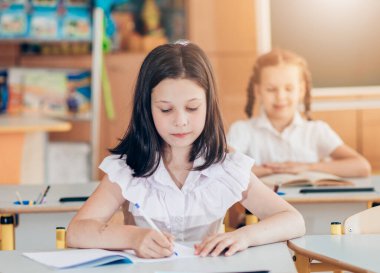 Şirin bir kız not defterleri ve ders kitaplarıyla dolu bir masada oturuyor. Öğrenci bir deftere yazar. Okula dönelim. Okul malzemeleri. Derste öğrenci, derste sınıf.