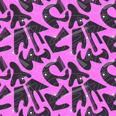 Gözleri olan komik geometri karakterlerine sahip saykodelik renksiz desen