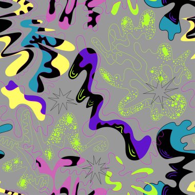 Dalga çizgileri, şekiller, yıldızlar ve noktalarla soyut renkli el çizimi vektör deseni