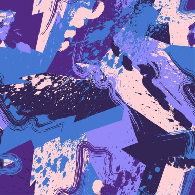 Kavisli elementlerle kusursuz soyut şehir geometrik deseni, grunge sıçramaları