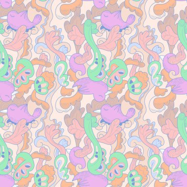 Kuşların sembolik desenleri ve giysi parçaları için soyut doğa yaprakları, kumaş için baskı, arka plan