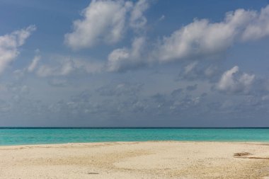Derin mavi denizle çevrili bir adada uçan martılarla dolu beyaz ve temiz bir kumsal.
