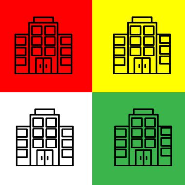 Otel Vektörü simgesi, taslak biçimi, konaklama ve otel simgeleri koleksiyonundan, Kırmızı, Sarı, Yeşil ve Beyaz Arkaplanda izole edilmiş.