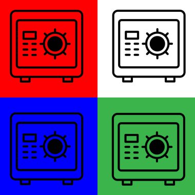 Güvenli Kutu Vektörü Simgesi, Satır biçimi, muhasebe simgeleri koleksiyonundan, beyaz, yeşil, mavi ve kırmızı arkaplanda izole edilmiş.