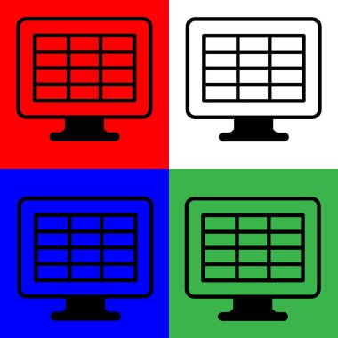 Hesap tablosu, bilgisayar ekranı, mali muhasebe raporu, Vector Simgesi, Lineal biçimi, muhasebe simgeleri koleksiyonundan, beyaz, yeşil, mavi ve kırmızı arkaplanda izole edilmiş.