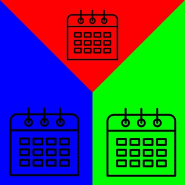 Takvim Vektörü Simgesi, Satır biçimi, muhasebe simgeleri koleksiyonundan, Yeşil, Mavi ve Kırmızı Arkaplanda izole.