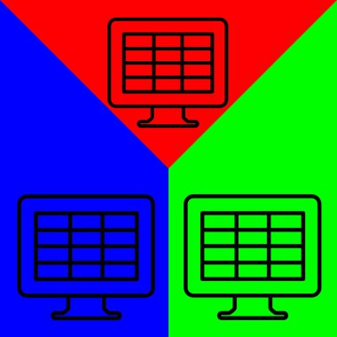 Hesap tablosu, mali muhasebe raporu, Vektör Simgesi, Satır biçimi, muhasebe simgeleri koleksiyonundan, Yeşil, Mavi ve Kırmızı Arkaplanda izole edilmiş.