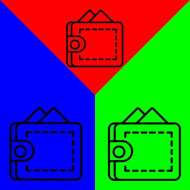 Cüzdan Vektörü Simgesi, Satır biçimi, muhasebe simgeleri koleksiyonundan, Yeşil, Mavi ve Kırmızı Arkaplanda izole.