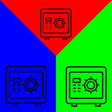 Güvenli Kutu Vektörü Simgesi, Satır biçimi, muhasebe simgeleri koleksiyonundan, Yeşil, Mavi ve Kırmızı Arkaplanda izole.