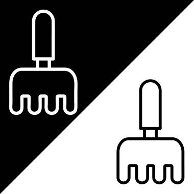 Tarım simgeleri koleksiyonundan tırmık veya mini tırmık vektör simgesi, doğrusal biçim simgesi, Siyah ve beyaz arkaplanda izole edilmiş.