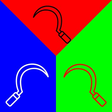 Orak Vektör Simgesi, Tarım simgeleri koleksiyonundan Doğrusal biçim simgesi, Kırmızı, Mavi ve Yeşil Arkaplanda izole.