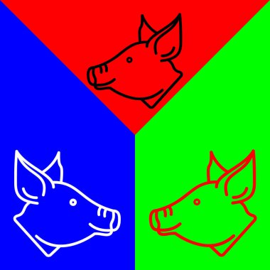 Domuz Vektörü Simgesi, Doğrusal biçim simgesi, Hayvan Başı simgeleri koleksiyonundan, Kırmızı, Mavi ve Yeşil Arkaplanda izole edilmiş.