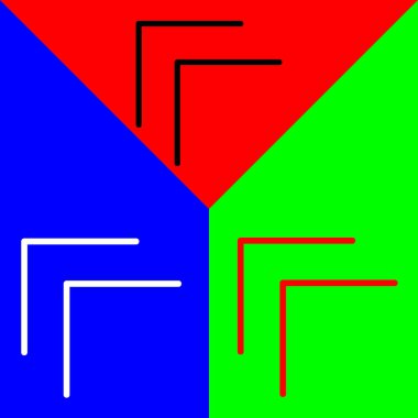 Sembol, Sol köşedeki Vektör Simgesi, Doğrusal biçim simgesi, Arrows Chevons and Directions simgeleri koleksiyonundan, Kırmızı, Mavi ve Yeşil Arkaplanda izole edilmiş.