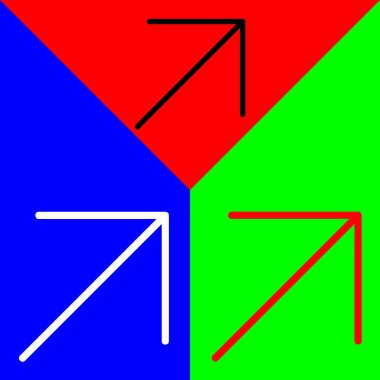 Yukarı Sağ Ok köşesi ok vektörü simgesi, Doğrusal biçim simgesi, Arrows Chevons and Directions simgeleri koleksiyonundan, kırmızı, mavi ve yeşil arkaplanda izole edilmiş.