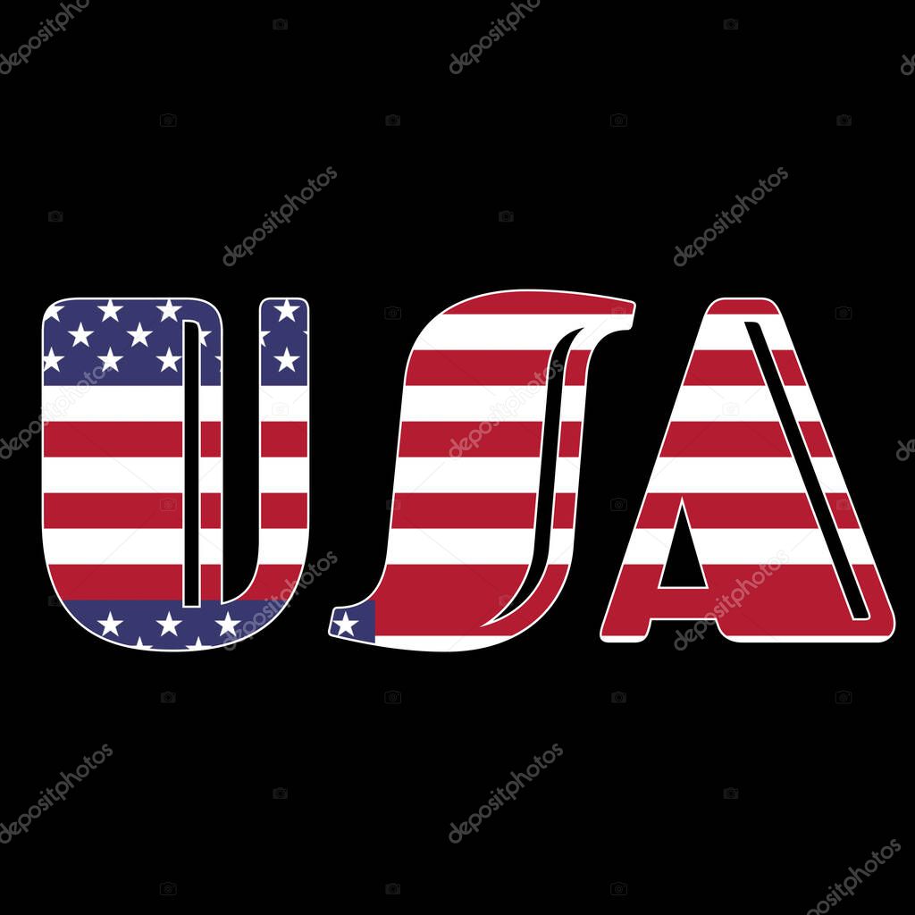Usa typography, graphic design, USA word with flag, USA flag in text, word with a country flag, USA flag with text lettering isolated on black background.