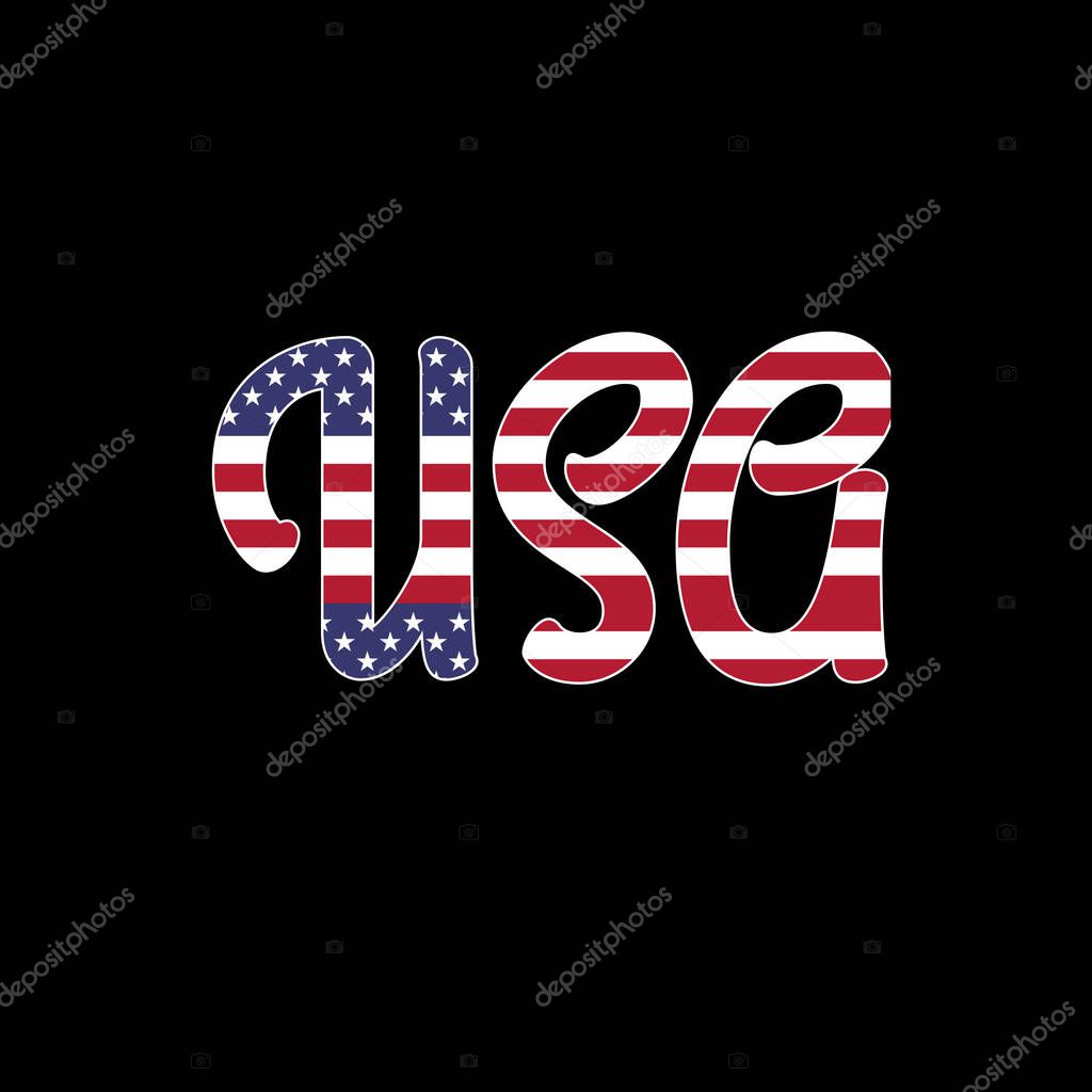 Usa text with the united states flag. USA word with flag, USA flag in text, word with a country flag, USA flag with text lettering isolated on black background.