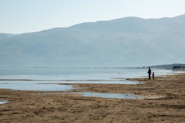 Spending time in nature , daddy with kid boy in sea. High quality photo