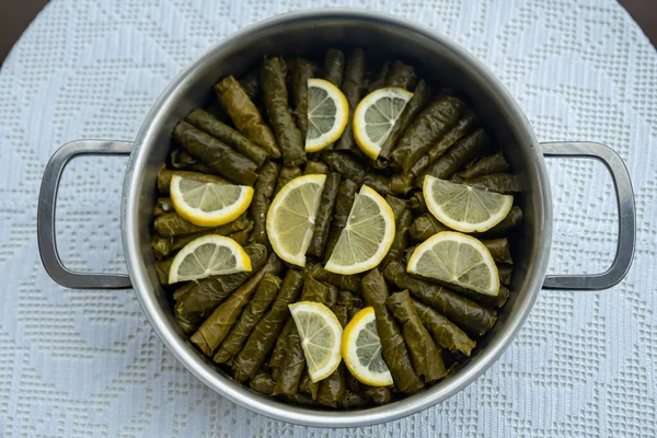 Traditional delicious Turkish foods , stuffed leaves ,traditional turkish dish made from rice wrapped in grape leaves. High quality photo