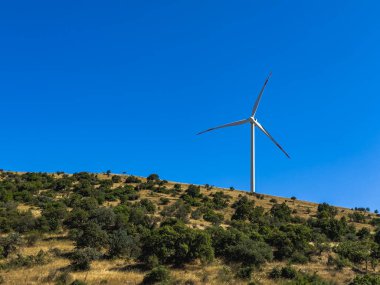 Rüzgar türbinlerinin ve tarım alanlarının havadan görünüşü. Yüksek kalite fotoğraf