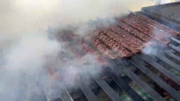 Turecki Kebab Grillu Grillowanie Szaszłyk Szaszłyk Szaszłyk Dymem Nad Ogniem — Wideo stockowe