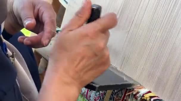 Carpet Weaving Using Traditional Techniques Loom Close Weaving Handmade Carpet — Stock Video