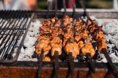 Açık ızgarada ızgara tavuk kebabı, açık mutfak. Şehirde yemek festivali. Lezzetli yemekler şişte kızartılıyor, yemekhanede. Yaz pikniği. Yüksek kalite fotoğraf