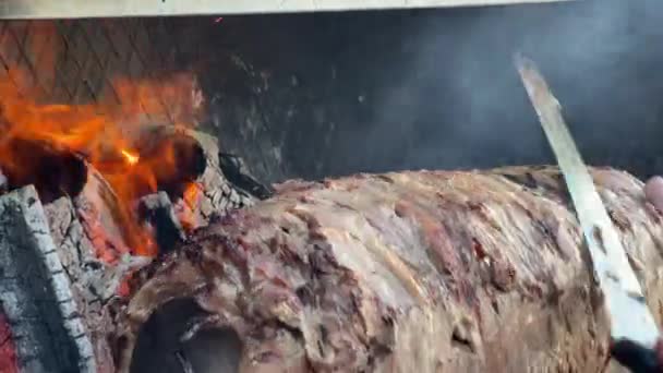 Cag Kebab Prato Tradicional Turco Cozido Sobre Uma Fogueira Carne — Vídeo de Stock