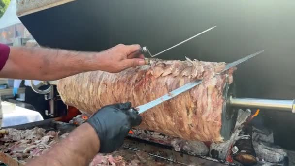 Cag Kebab Hidangan Tradisional Turki Yang Dimasak Atas Api Daging — Stok Video