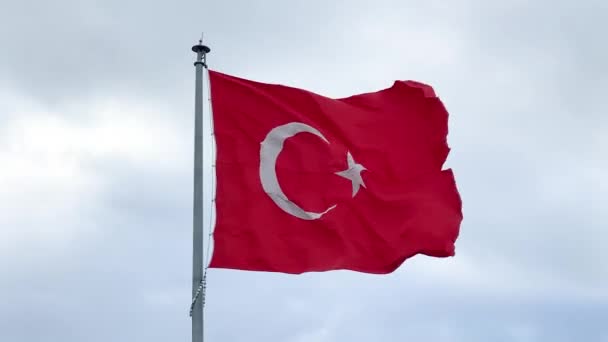 Turkish Flag Waving Blue Sky Republic Turkey National Red Sign — Stock Video
