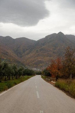 the road to the village in the countryside , road photo taken from ground level mountain in background. High quality photo