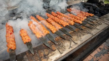  Turkish Kebab On The Grill. Barbecue grliling shish kebab , shish kebab in smoke over coal fire. High quality photo clipart