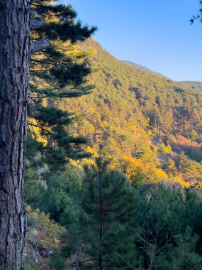 Gecenin erken saatlerinde sakin bir manzarada uzak dağlar ve vadilerin üzerine ılık renkler döküyor. Yüksek kalite fotoğraf