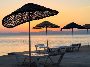 Güneş doğarken, ılık altın ışınları sakin okyanus sularını aydınlatır. Plaj şemsiyeleri, kumlu sahilde düzenli sıralar halinde durur. Resimli bir kıyı manzarası yaratırlar..