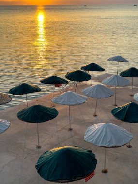 Güneş doğarken, ılık altın ışınları sakin okyanus sularını aydınlatır. Plaj şemsiyeleri, kumlu sahilde düzenli sıralar halinde durur. Resimli bir kıyı manzarası yaratırlar..