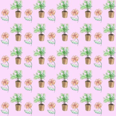 Watercolor floral pattern with palm tree, red flower with one green leaf and potted palm tree on pink background