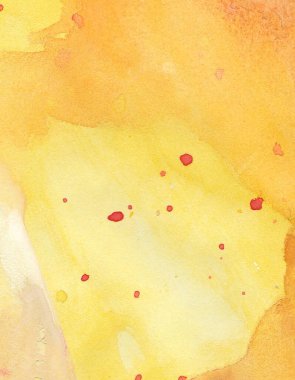 Watercolor yellow-orange background with red dots and circles