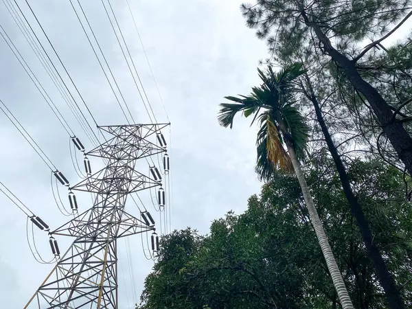 high-voltage power lines, high voltage electric transmission tower for producing electricity at high voltage electricity poles on the fields
