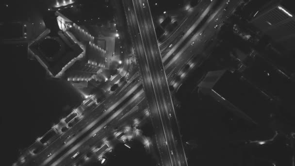 Top Aerial Cars Drive Bridge Underpass Night Streaks Moving Cars — Stock Video