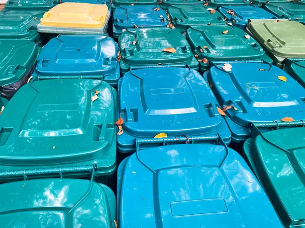 Plastik çöp kutuları düzgünce dizilmiş. Uygun atık imhasının önemini göstermek