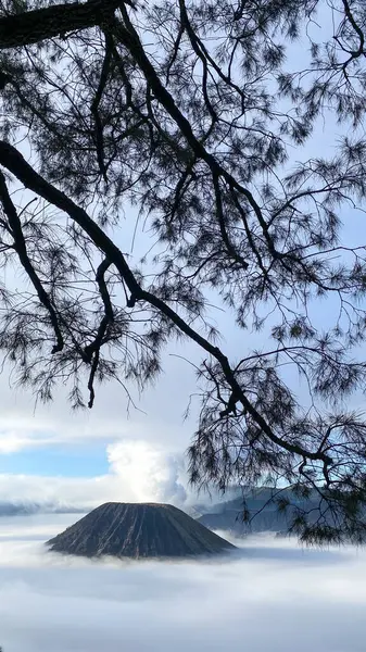 Bulutlu bir arkaplan ile sabah dağın dikey çekimi