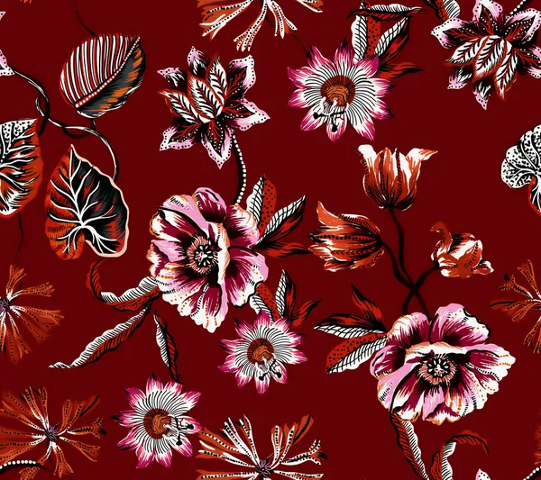 Ethnic flower illustration with leaves vintage seamless pattern. Fabric texture. Damask motif batik floral elements. Botanic plants. Branches. Brown color background.